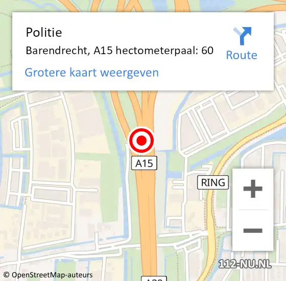 Locatie op kaart van de 112 melding: Politie Barendrecht, A15 hectometerpaal: 60 op 23 februari 2024 11:06