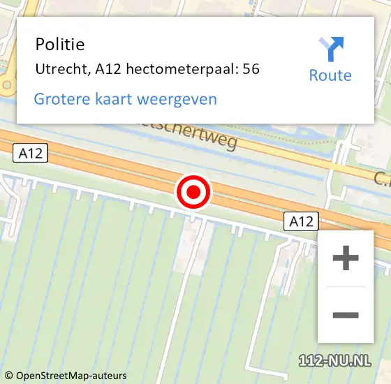 Locatie op kaart van de 112 melding: Politie Utrecht, A12 hectometerpaal: 56 op 23 februari 2024 13:50