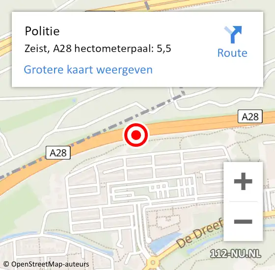 Locatie op kaart van de 112 melding: Politie Zeist, A28 hectometerpaal: 5,5 op 23 februari 2024 13:56