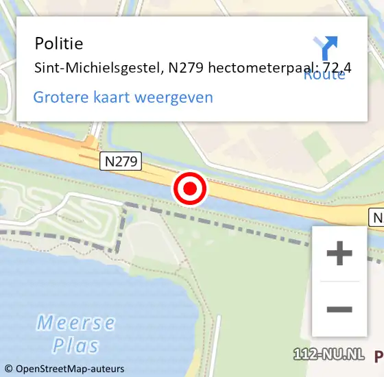 Locatie op kaart van de 112 melding: Politie Sint-Michielsgestel, N279 hectometerpaal: 72,4 op 23 februari 2024 15:26