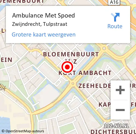 Locatie op kaart van de 112 melding: Ambulance Met Spoed Naar Zwijndrecht, Tulpstraat op 23 februari 2024 19:02