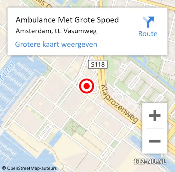 Locatie op kaart van de 112 melding: Ambulance Met Grote Spoed Naar Amsterdam, tt. Vasumweg op 23 februari 2024 19:06