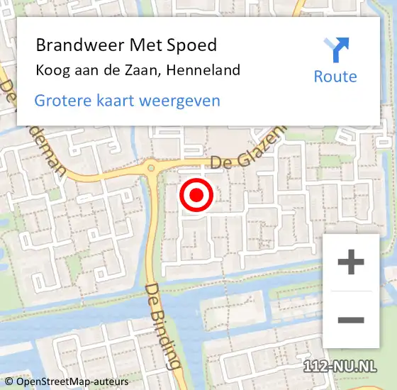 Locatie op kaart van de 112 melding: Brandweer Met Spoed Naar Koog aan de Zaan, Henneland op 23 februari 2024 21:15
