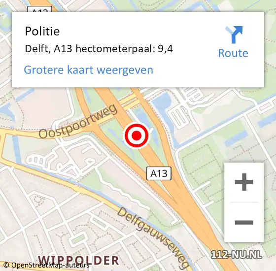 Locatie op kaart van de 112 melding: Politie Delft, A13 hectometerpaal: 9,4 op 23 februari 2024 23:01
