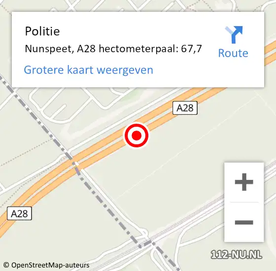 Locatie op kaart van de 112 melding: Politie Nunspeet, A28 hectometerpaal: 67,7 op 24 februari 2024 02:51
