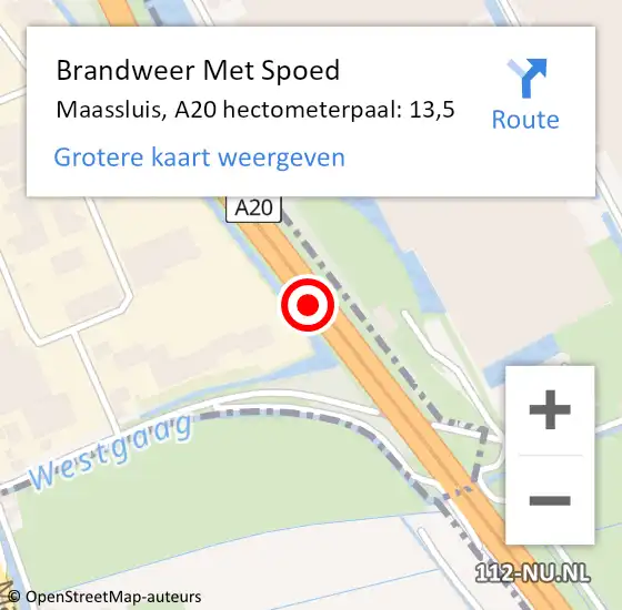 Locatie op kaart van de 112 melding: Brandweer Met Spoed Naar Maassluis, A20 hectometerpaal: 13,5 op 24 februari 2024 05:58