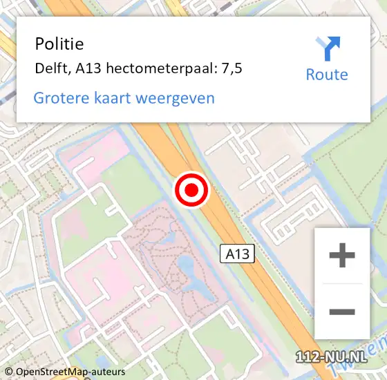 Locatie op kaart van de 112 melding: Politie Delft, A13 hectometerpaal: 7,5 op 24 februari 2024 09:32