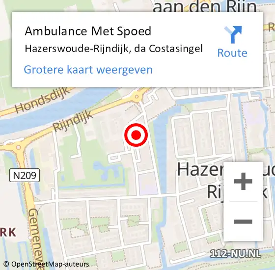Locatie op kaart van de 112 melding: Ambulance Met Spoed Naar Hazerswoude-Rijndijk, da Costasingel op 24 februari 2024 10:23