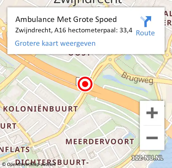 Locatie op kaart van de 112 melding: Ambulance Met Grote Spoed Naar Zwijndrecht, A16 hectometerpaal: 33,4 op 24 februari 2024 12:18