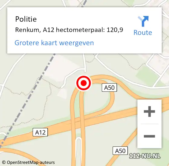 Locatie op kaart van de 112 melding: Politie Renkum, A12 hectometerpaal: 120,9 op 24 februari 2024 12:56