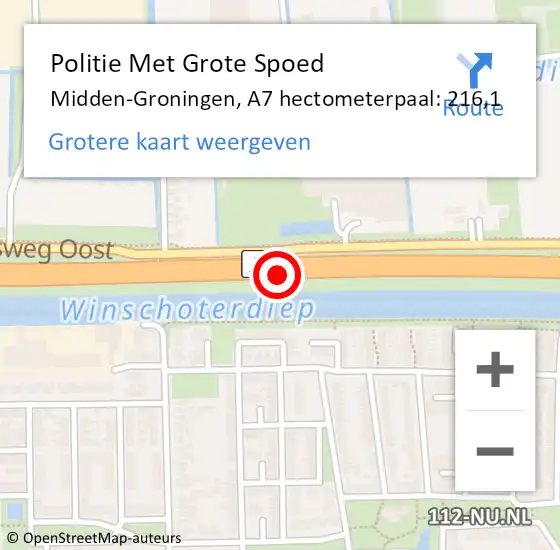 Locatie op kaart van de 112 melding: Politie Met Grote Spoed Naar Midden-Groningen, A7 hectometerpaal: 216,1 op 24 februari 2024 13:31