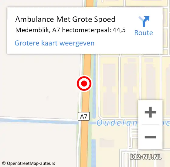 Locatie op kaart van de 112 melding: Ambulance Met Grote Spoed Naar Medemblik, A7 hectometerpaal: 44,5 op 24 februari 2024 17:11