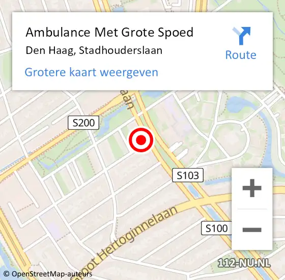 Locatie op kaart van de 112 melding: Ambulance Met Grote Spoed Naar Den Haag, Stadhouderslaan op 24 februari 2024 18:35