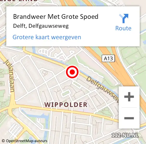 Locatie op kaart van de 112 melding: Brandweer Met Grote Spoed Naar Delft, Delfgauwseweg op 24 februari 2024 20:58