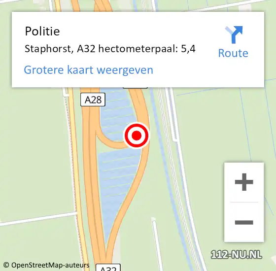 Locatie op kaart van de 112 melding: Politie Staphorst, A32 hectometerpaal: 5,4 op 24 februari 2024 23:52
