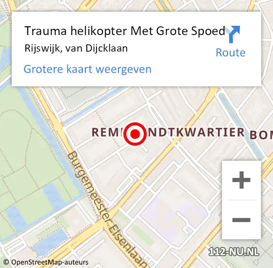 Locatie op kaart van de 112 melding: Trauma helikopter Met Grote Spoed Naar Rijswijk, van Dijcklaan op 25 februari 2024 03:35