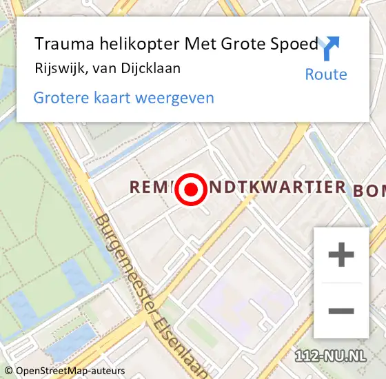 Locatie op kaart van de 112 melding: Trauma helikopter Met Grote Spoed Naar Rijswijk, van Dijcklaan op 25 februari 2024 03:37