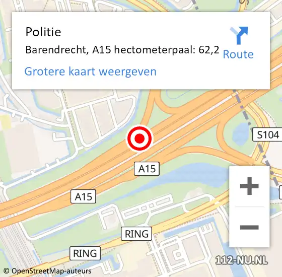 Locatie op kaart van de 112 melding: Politie Barendrecht, A15 hectometerpaal: 62,2 op 25 februari 2024 08:31