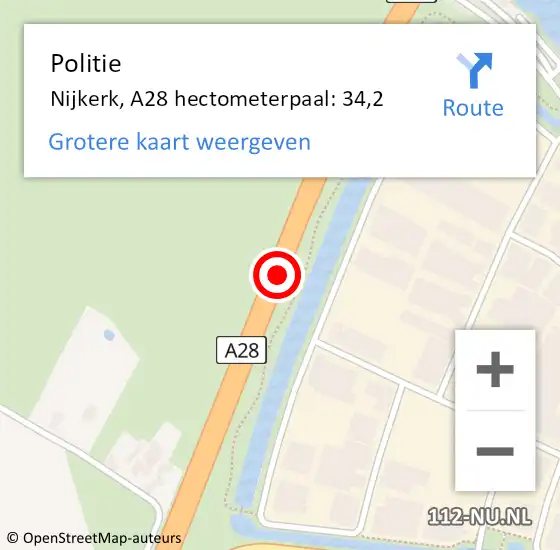 Locatie op kaart van de 112 melding: Politie Nijkerk, A28 hectometerpaal: 34,2 op 25 februari 2024 09:39