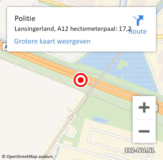 Locatie op kaart van de 112 melding: Politie Lansingerland, A12 hectometerpaal: 17,2 op 25 februari 2024 11:13