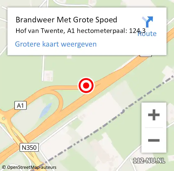 Locatie op kaart van de 112 melding: Brandweer Met Grote Spoed Naar Hof van Twente, A1 hectometerpaal: 124,3 op 25 februari 2024 11:17