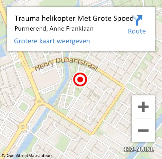 Locatie op kaart van de 112 melding: Trauma helikopter Met Grote Spoed Naar Purmerend, Anne Franklaan op 25 februari 2024 12:24