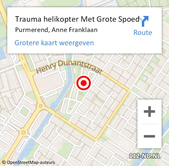 Locatie op kaart van de 112 melding: Trauma helikopter Met Grote Spoed Naar Purmerend, Anne Franklaan op 25 februari 2024 12:29