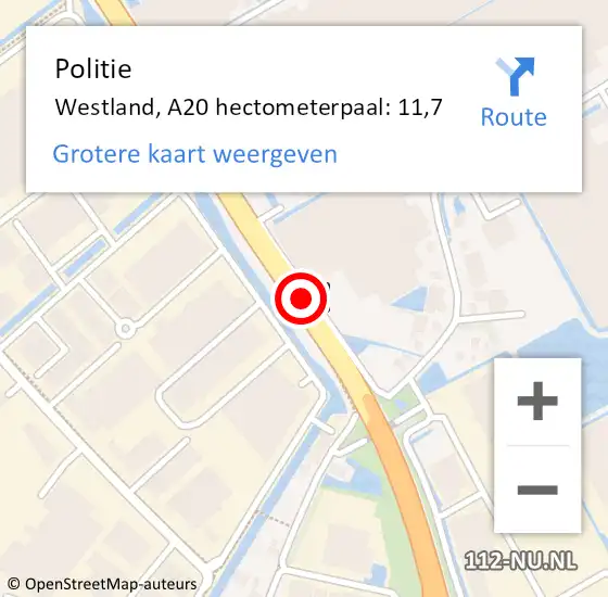 Locatie op kaart van de 112 melding: Politie Westland, A20 hectometerpaal: 11,7 op 25 februari 2024 12:38