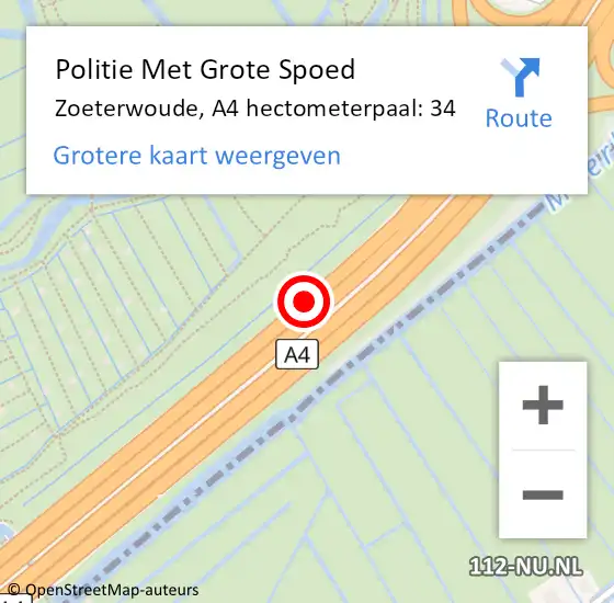 Locatie op kaart van de 112 melding: Politie Met Grote Spoed Naar Zoeterwoude, A4 hectometerpaal: 34 op 25 februari 2024 13:19