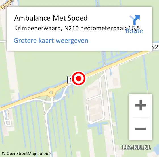 Locatie op kaart van de 112 melding: Ambulance Met Spoed Naar Krimpenerwaard, N210 hectometerpaal: 16,5 op 25 februari 2024 13:49