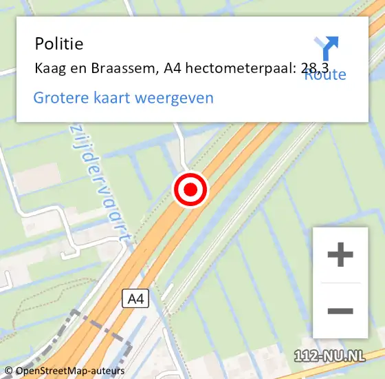 Locatie op kaart van de 112 melding: Politie Kaag en Braassem, A4 hectometerpaal: 28,3 op 25 februari 2024 14:45