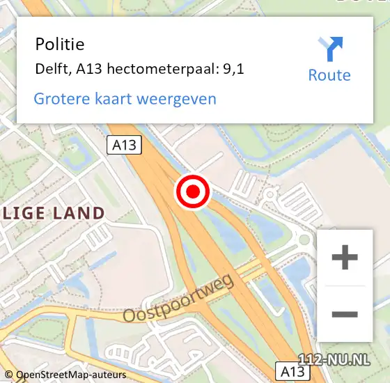 Locatie op kaart van de 112 melding: Politie Delft, A13 hectometerpaal: 9,1 op 25 februari 2024 15:06