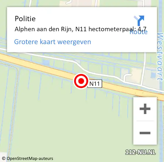 Locatie op kaart van de 112 melding: Politie Alphen aan den Rijn, N11 hectometerpaal: 4,7 op 25 februari 2024 17:27