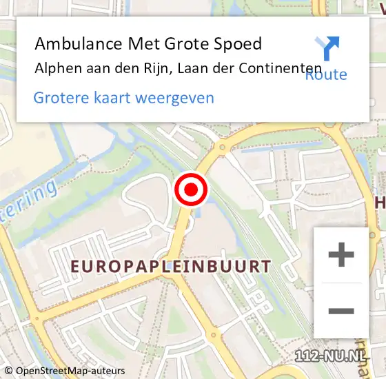 Locatie op kaart van de 112 melding: Ambulance Met Grote Spoed Naar Alphen aan den Rijn, Laan der Continenten op 25 februari 2024 18:35
