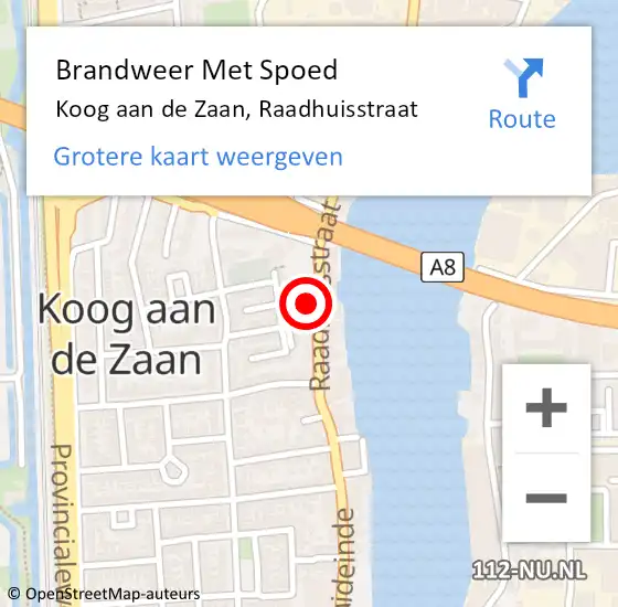 Locatie op kaart van de 112 melding: Brandweer Met Spoed Naar Koog aan de Zaan, Raadhuisstraat op 25 februari 2024 19:23