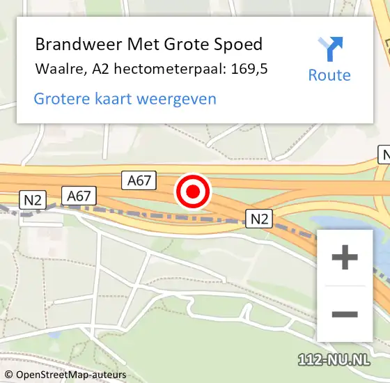 Locatie op kaart van de 112 melding: Brandweer Met Grote Spoed Naar Waalre, A2 hectometerpaal: 169,5 op 25 februari 2024 19:49