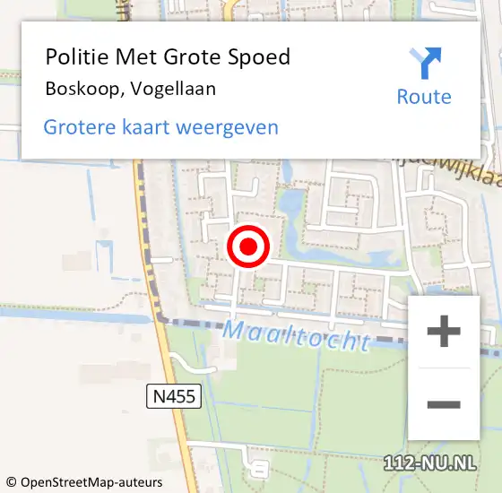 Locatie op kaart van de 112 melding: Politie Met Grote Spoed Naar Boskoop, Vogellaan op 25 februari 2024 20:52