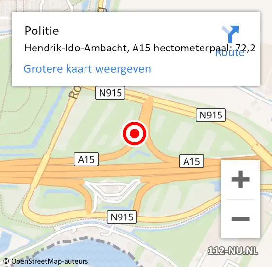Locatie op kaart van de 112 melding: Politie Hendrik-Ido-Ambacht, A15 hectometerpaal: 72,2 op 25 februari 2024 22:27