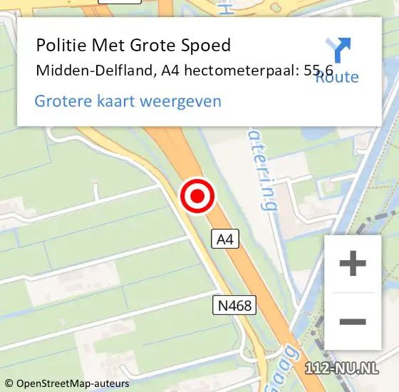 Locatie op kaart van de 112 melding: Politie Met Grote Spoed Naar Midden-Delfland, A4 hectometerpaal: 55,6 op 26 februari 2024 04:29