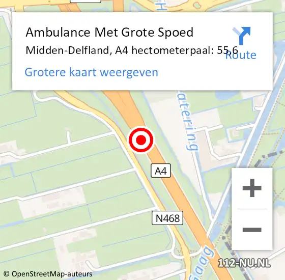 Locatie op kaart van de 112 melding: Ambulance Met Grote Spoed Naar Midden-Delfland, A4 hectometerpaal: 55,6 op 26 februari 2024 04:30