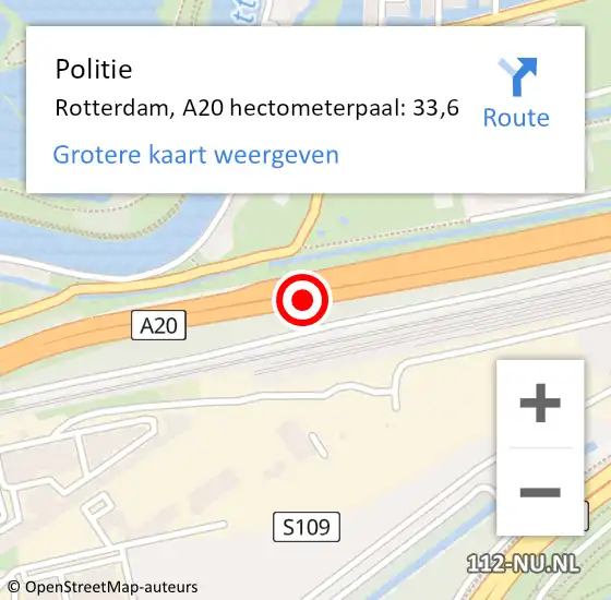Locatie op kaart van de 112 melding: Politie Rotterdam, A20 hectometerpaal: 33,6 op 26 februari 2024 05:25