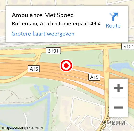 Locatie op kaart van de 112 melding: Ambulance Met Spoed Naar Rotterdam, A15 hectometerpaal: 49,4 op 26 februari 2024 05:32