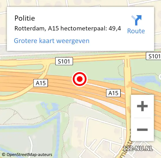 Locatie op kaart van de 112 melding: Politie Rotterdam, A15 hectometerpaal: 49,4 op 26 februari 2024 05:34