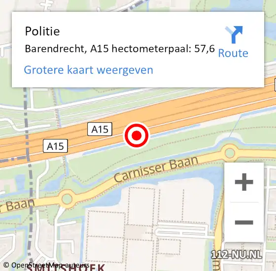 Locatie op kaart van de 112 melding: Politie Barendrecht, A15 hectometerpaal: 57,6 op 26 februari 2024 06:20