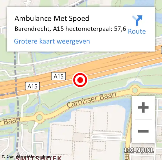 Locatie op kaart van de 112 melding: Ambulance Met Spoed Naar Barendrecht, A15 hectometerpaal: 57,6 op 26 februari 2024 06:21