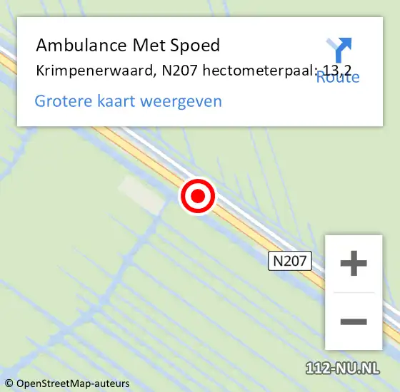 Locatie op kaart van de 112 melding: Ambulance Met Spoed Naar Krimpenerwaard, N207 hectometerpaal: 13,2 op 26 februari 2024 10:32