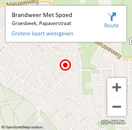 Locatie op kaart van de 112 melding: Brandweer Met Spoed Naar Groesbeek, Papaverstraat op 26 februari 2024 11:54