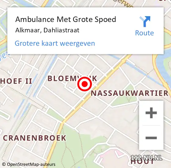 Locatie op kaart van de 112 melding: Ambulance Met Grote Spoed Naar Alkmaar, Dahliastraat op 26 februari 2024 13:09