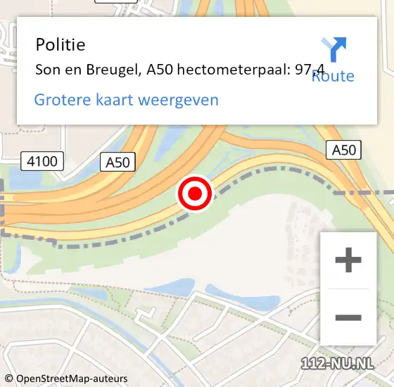 Locatie op kaart van de 112 melding: Politie Son en Breugel, A50 hectometerpaal: 97,4 op 26 februari 2024 15:10