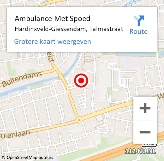 Locatie op kaart van de 112 melding: Ambulance Met Spoed Naar Hardinxveld-Giessendam, Talmastraat op 26 februari 2024 16:07